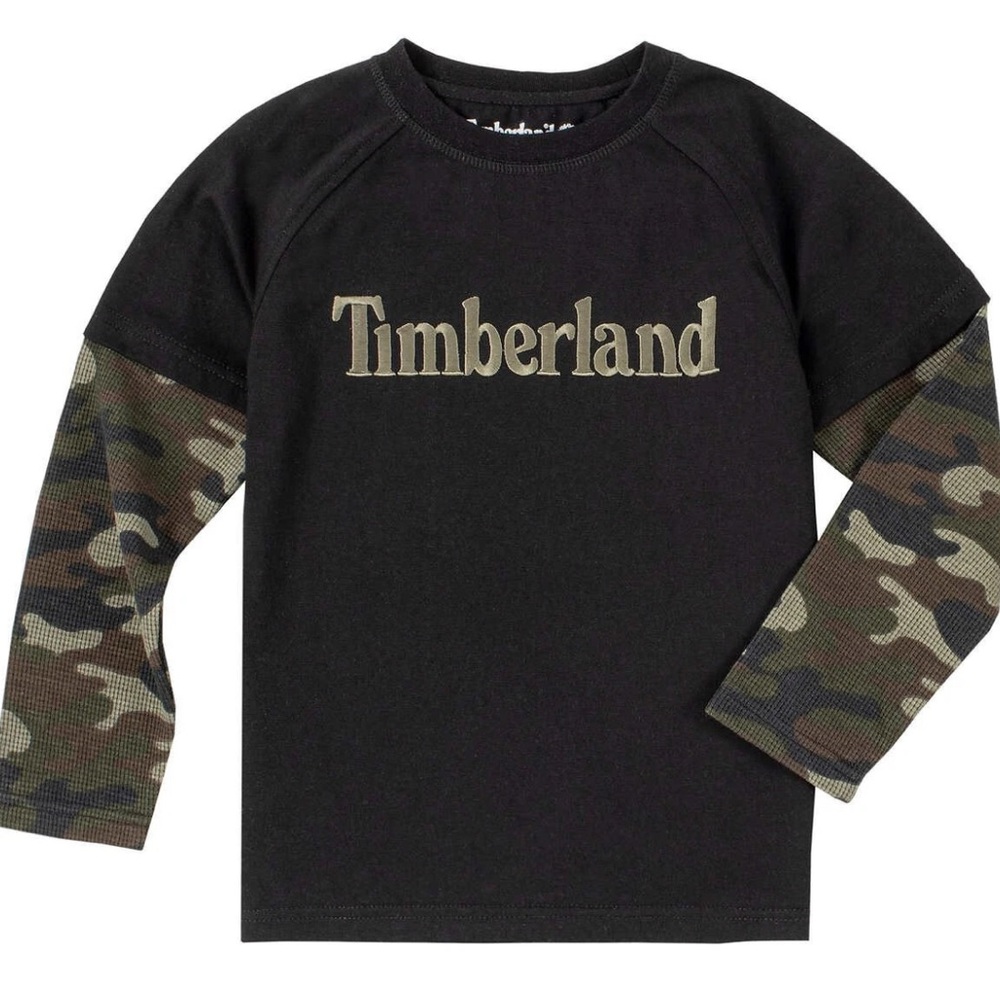 Timberland Kids Long Sleeve Black and Camouflage Tee
